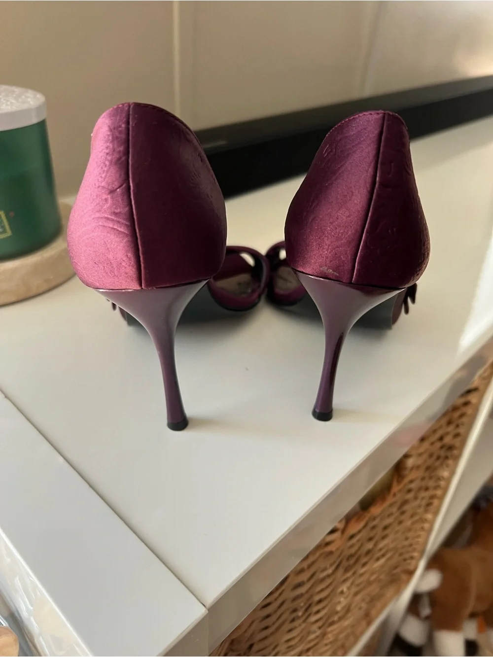 ANDREA FENZI Plum Satin Open-Toe Crossover Heels